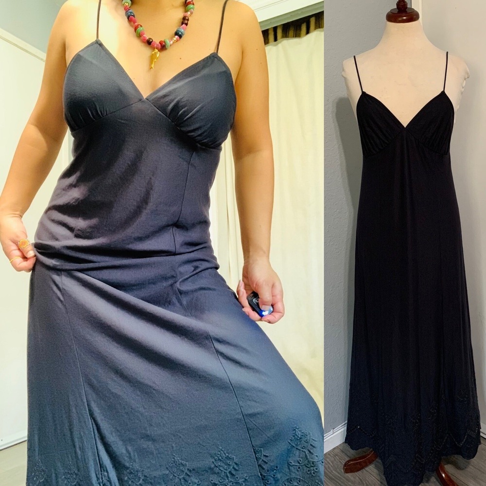 ZARA Maxi Slip Chemise M Dark Anthracite Embroidered Hem Night Gown Gothic